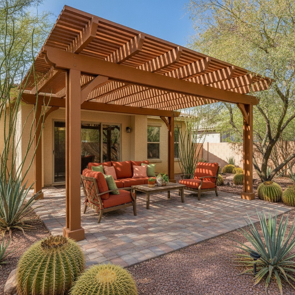 Beautifully shaded backyard patio with pergola in Chandler, Arizona